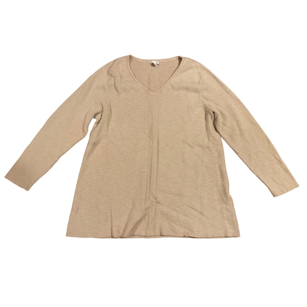 J Jill Beige Textured V Neck Long Sleeve‎ Knit Tunic Sweater XL Cotton Cottage